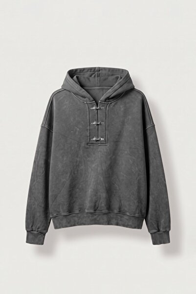 ablukaonline Erkek Boxy Fit Yıkamalı Metal Tokalı Kapüşonlu Sweatshirt Füme