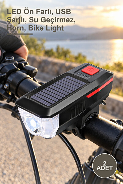Yenilig 2 Adet Güneş Enerjili Bisiklet Işıklı Korna – LED Ön Farlı, USB Şarjlı, Su Geçirmez, Horn, Bike Light