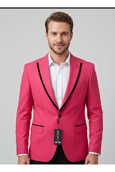 SABRİ ZENGİN Men's Pink Special Design Slim Fit Blazer Single Jacket