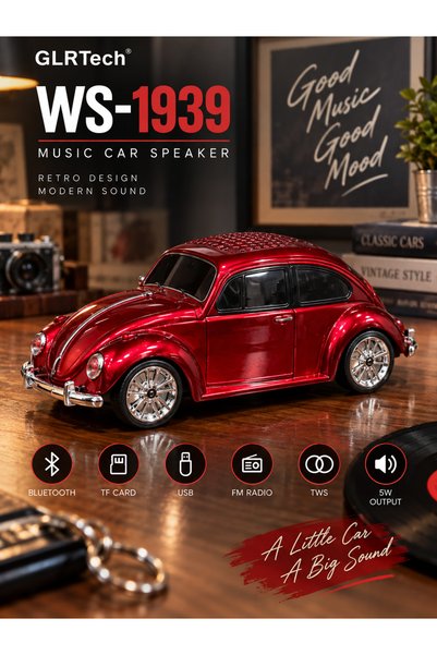 KOLAYEV WS-1939 Retro Araba Bluetooth Hoparlör FM Radyo USB TWS 5W Kırmızı