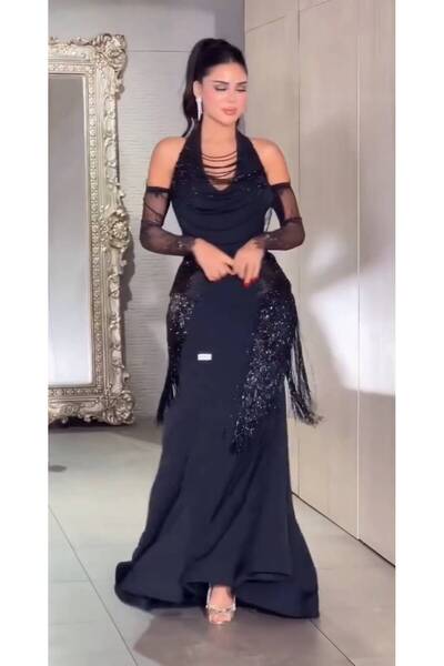 NALA FASHION Long Evening Gown in Luxurious Black Color,