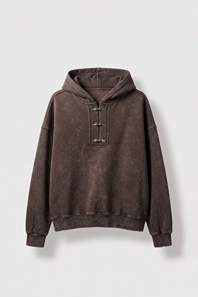 ablukaonline Erkek Boxy Fit Yıkamalı Metal Tokalı Kapüşonlu Sweatshirt Kahver...