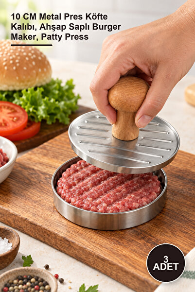 Yenilig 3 Pieces Hamburger Press – 10 cm Metal Press Meatloaf Mold, Wooden Ha...