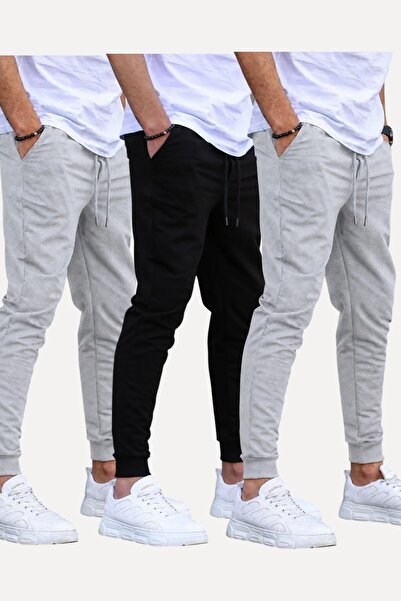 SURMARİ Set of 3 Unisex Regular Fit Ribbed Leggings in Black, Gray, Navy Blue...