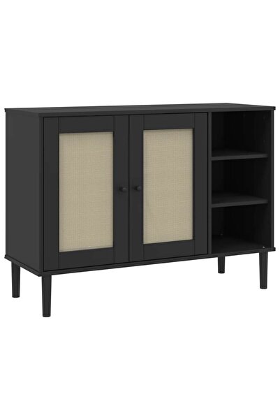vidaxl Servantă SENJA, aspect ratan negru, 112x40x80cm, lemn masiv pin