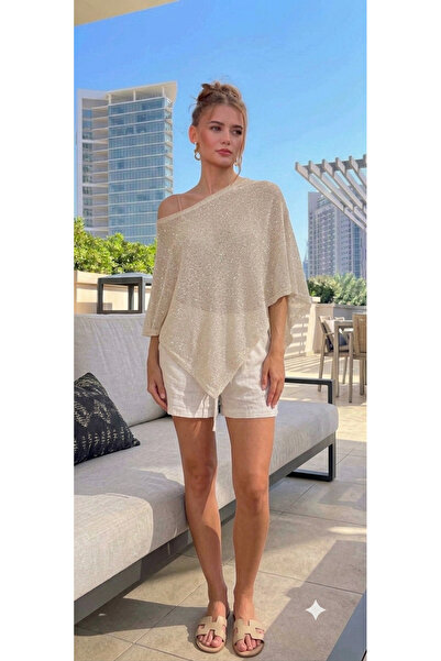 Loov Women's Silvery Transparent Knitwear Asymmetrical Cape Poncho