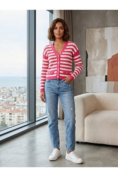 ArdaEge Burgundy Striped Gold Buttoned V-Neck Knitwear Cardigan