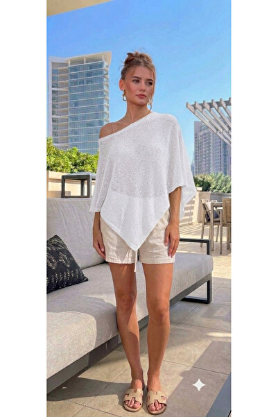Loov Women's Silvery Transparent Knitwear Asymmetrical Cape Poncho