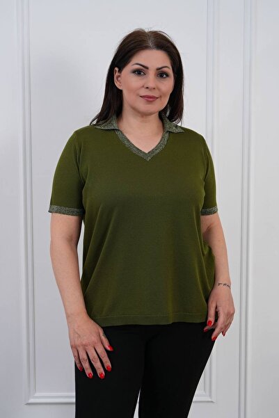 D LAVELLA Kadın Büyük Beden Simli Polo Yaka Merserize Triko Bluz 40/52 Uyumlu...