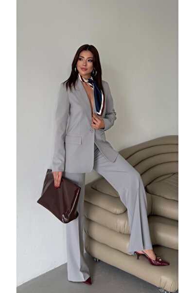 HOEK Monaco Women's Light Gray Blazer Jacket Palazzo Trousers Two-Piece Set