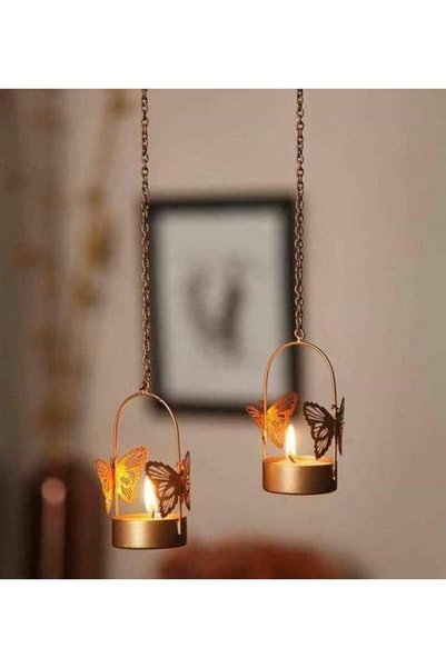 Shreeji Creations Pair Decorative Hanging Butterfly Tealight Candle Holder with Chain (Set of 2)