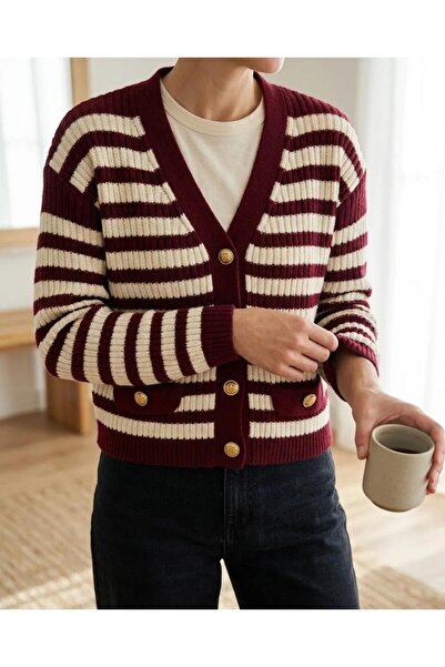 ArdaEge Burgundy Striped Gold Buttoned V-Neck Knitwear Cardigan