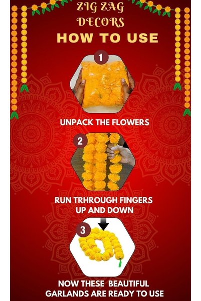 Shreeji zig zag Artificial Marigold Garland (5pcs Pack) - Ideal for Weddings,Birthday, Christmas Decorations, and Diwali Celebrations, Faux Garlands 5 strings - 4.5-5 Ft Long (Golden Yellow)