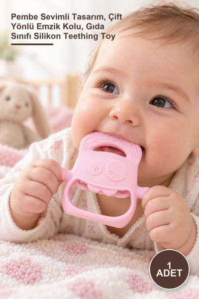Yenilig 1 Adet Bebek Silikon Diş Kaşıyıcı – Pembe Sevimli Tasarım, Çift Yönlü Emzik Kolu, Gıda Sınıfı Silikon Teething Toy