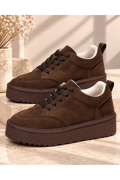 RoseVeno Thick Sole Lace-Up Bitter Brown Suede Casual Women's Sports Shoes