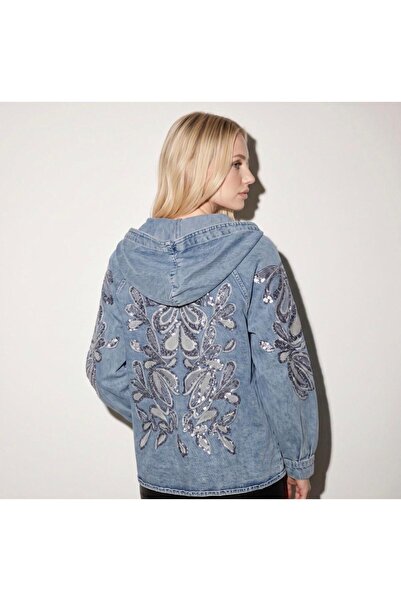 ArdaEge Light Blue Denim Sequin Floral Embroidered Hooded Oversize Denim Jacket