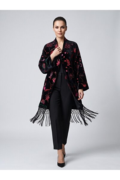 Herry Kadın Siyah Premium Kadife Renkli Çiçek Nakışlı Saçaklı Uzun kimono Hırka