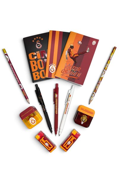 TOPNET Galatasaray Lisanlı Kırtasiye Seti Okul Seti 2 Adet Kurşun Kalem 3 Adet Versatil Kalem 2 Adet Silgi 2 Adet Kalemtıraş 3 Adet Not Defteri