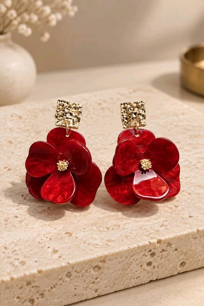 mosmoda Kırmızı Akrilik Küpe, Uzunluk:5cm, Genişlik:3cm