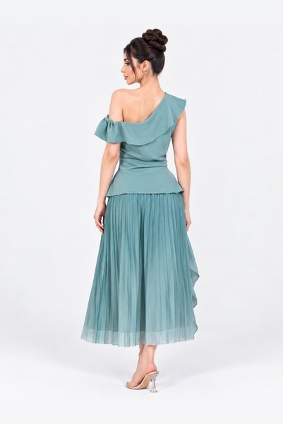 Opera Fashion طقم سهرة ببلوزة كتف واحد وتنورة بليسيه - فيروزي