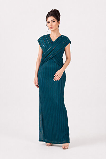 Opera Fashion فستان سهرة طويل بزينة لامعة وخطوط طولية - تركواز