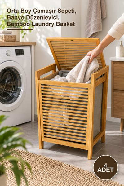Yenilig 4 Adet Ahşap Bambu Kirli Sepeti – Orta Boy Çamaşır Sepeti, Banyo Düze...
