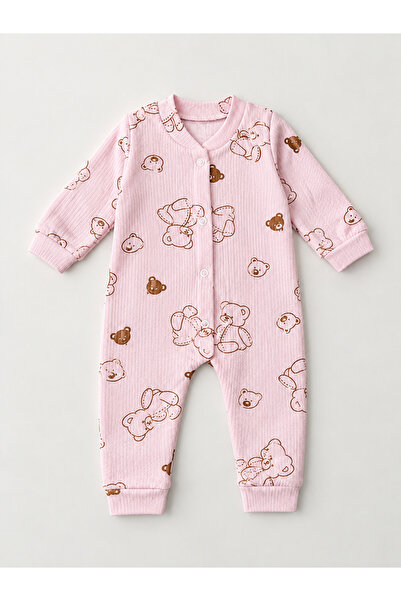 minço bebe Kız Bebek Ayıcık Desenli Pamuklu Patiksiz Pembe Bebek Tulumu Yenid...