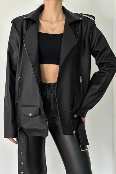 PRİFALDİ Trend Prd Oversize Long Women's Black Leather Jacket