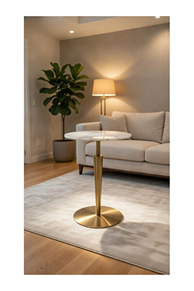 PLUS 49 Modern Round Service Table with Metal Base and Marble Top