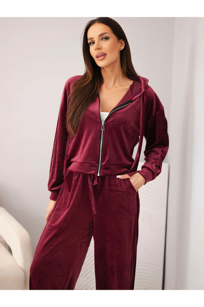 Kesi Trening de damă din velur prună, cu hanorac cu fermoar și pantaloni jogger