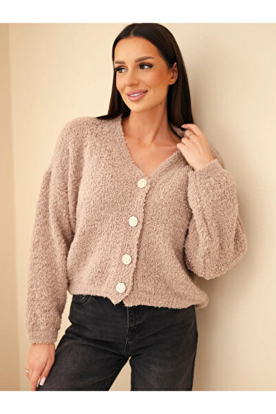 Kesi Cardigan de damă din mohair bej cu nasturi decorativi, moale și ușor