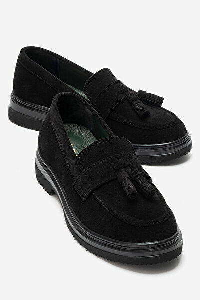 babiva Genuine Leather Tassel Detailed Women's Loafer Black Suede Billie