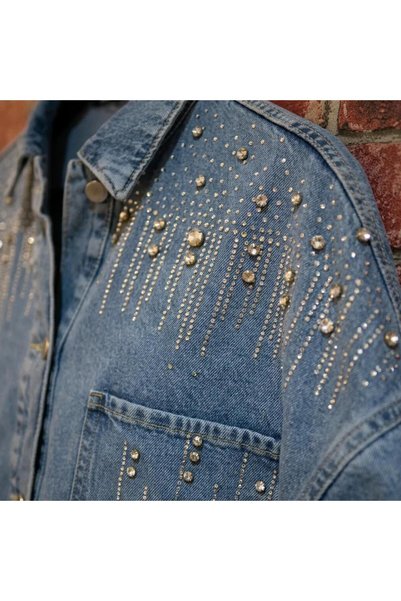 ArdaEge Oversized Denim Jacket with Stone Detail on the Front and Double Pockets - Ice Blue