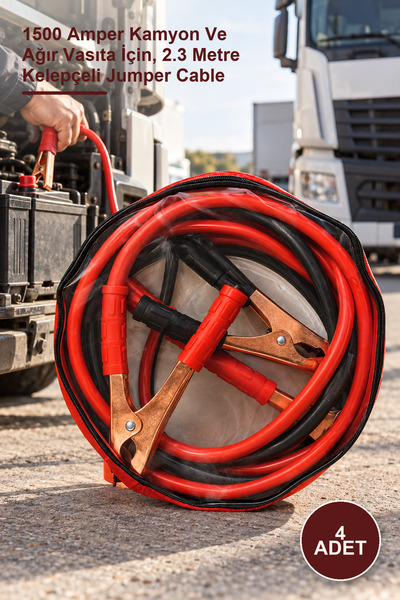 4 Adet Akü Takviye Kablosu – 1500 Amper Kamyon Ve Ağır Vasıta İçin, 2.3 Metre Kelepçeli Jumper Cable