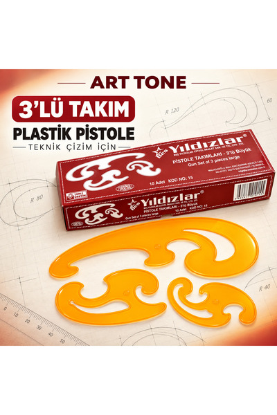 Art Tone Yıldızlar 3’lü Büyük Plastik Pistole Takımı Teknik Çizim Cetveli Kod 15
