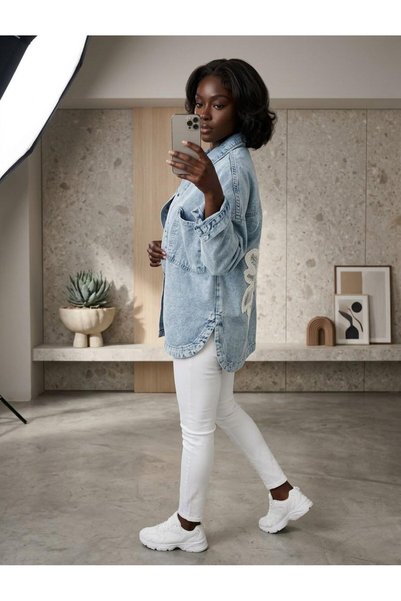 ArdaEge Oversized Denim Jacket with Floral Pattern on the Back, Signature Design and Glitter - Blue