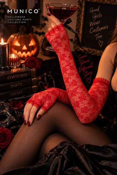 Munico Kadın Gotik Kırmızı Dantel Uzun Eldiven Parmaksız Çiçek Desenli Hallow...