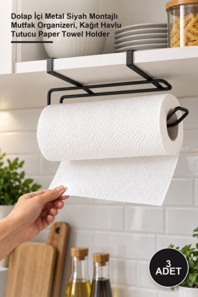 Yenilig 3 Pieces of Paper Towel Holder Hanger – Metal Black Mounted Kitchen O...