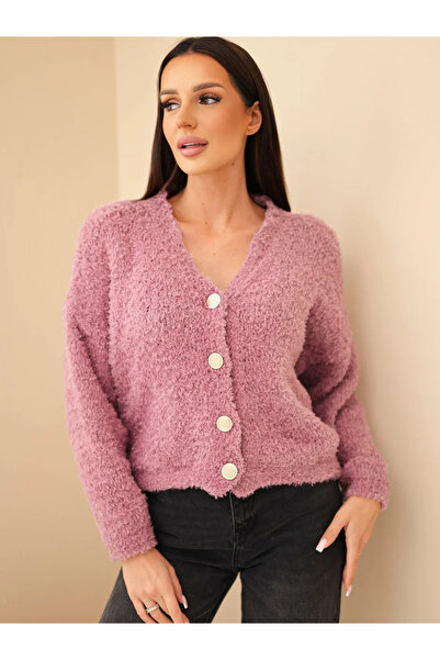Kesi Cardigan de damă din mohair roz închis, cu nasturi decorativi, moale și ...