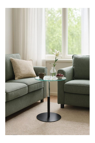 PLUS 49 Modern Side Table with Clear Glass Top and Metal Base