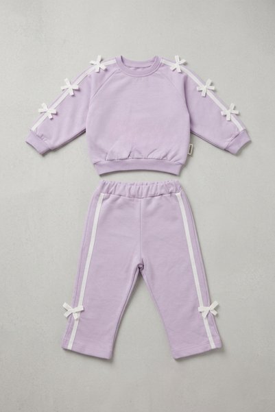 zumino Baby Girl Bow Detailed Striped Tracksuit Set