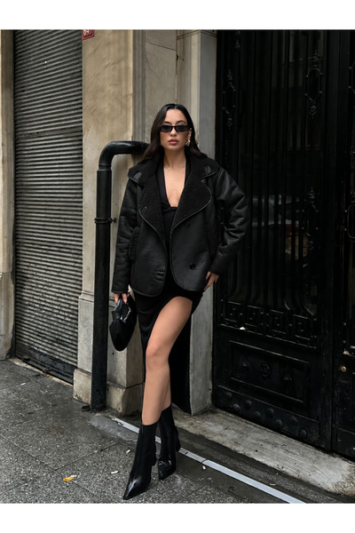 PİNK FLY Kadın Oversize Lamine İçi Peluş Kürk Mont Ceket