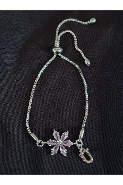bijoux uniques Steel Pink Zircon Stone Lotus Flower U Letter Bracelet