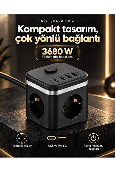 ABRAXTECH Küp Çoklu Priz 3680 W 3 USB 1 Type-C Topraklı Anahtarlı Masaüstü