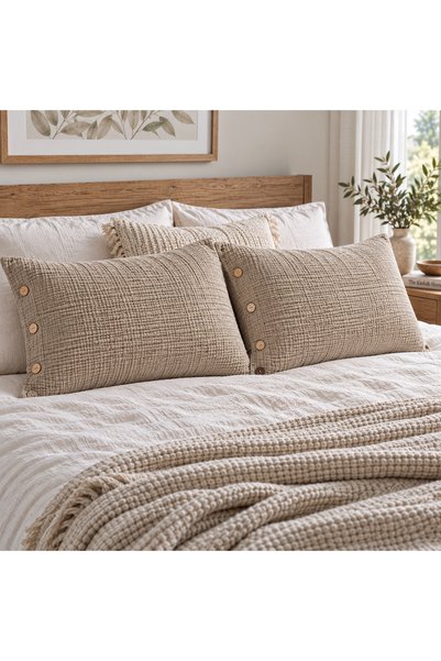 HB&Victory Brown 4-Layer Muslin Wooden Button 100% Cotton 2-Piece Pillowcase Set 50X70 cm