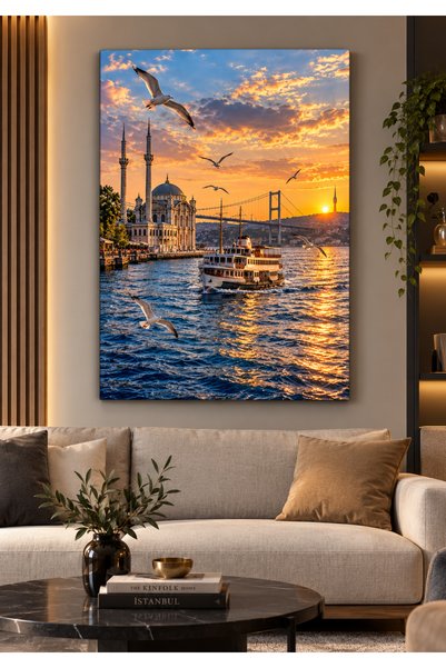 MFÖ DİJİTAL İstanbul Boğazı Vapur ve Martılar Manzaralı Dekoratif Kanvas Tabl...