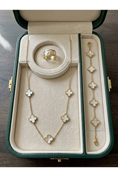 Bileklik Kolye Yüzük Seti Takı Seti Yonca Model Gold Cleef Çelik Set
