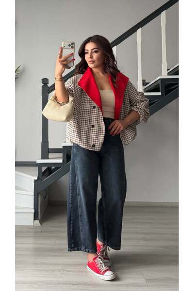 Oslove Beige Red Collar Detailed Checkered Jacket