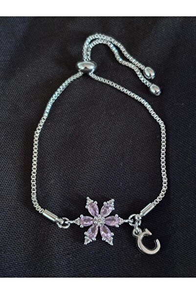 bijoux uniques Steel Pink Zircon Stone Lotus Flower C Letter Bracelet