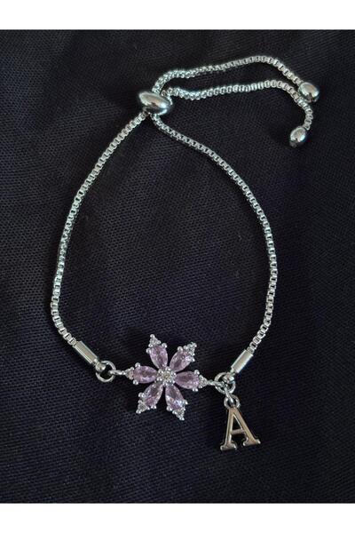 bijoux uniques Çelik pembe zirkon taşlı lotus çiçek A harfli bileklik